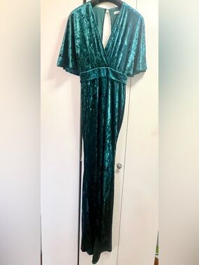 Lucy Wang Teal Maxi Dress w/soft flutter sleeves, bow back waist tie, open back
